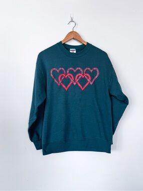 VTG Vintage Y2K Teal Red Heart Decal Crewneck Long Sleeve Sweater